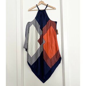 NWT Rachel Roy Halter Neck Scarf Dress XL Navy Orange Geometric Print Resortwear